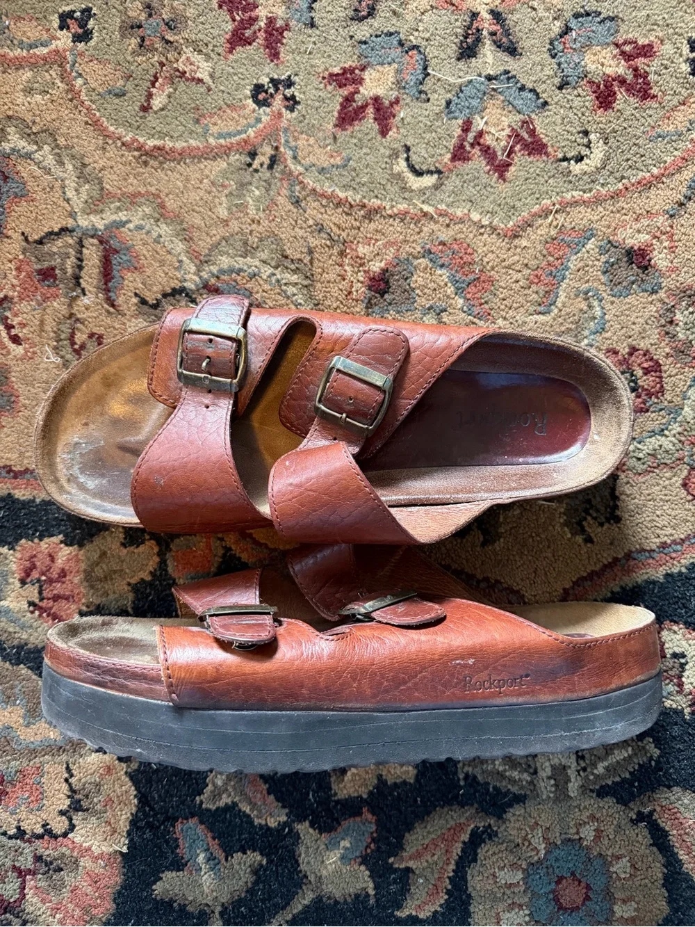 Rockport Men's Brown Double-Buckle Leather Slide Sandals
